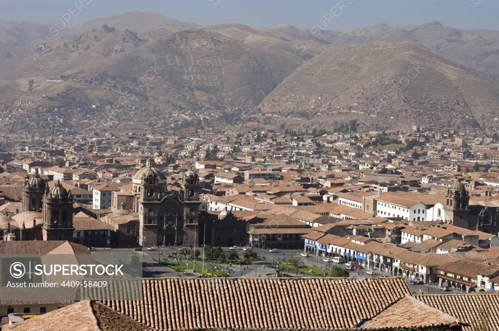 Peru. Cusco city. Overview of historical center.Plaza de Armas. World Heritage Site.