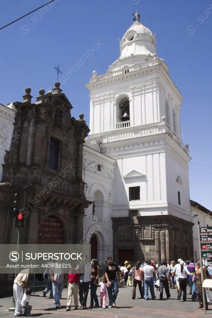 Ecuador.Quito.Historical center.Church of San Agustin ( XVI century). Front and belfry..