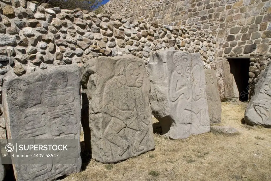 Archeological site of Monte Alban(500BC-AD900-1000).´Danzantes´.UNESCO World Heritage Site. Oaxaca, Mexico..