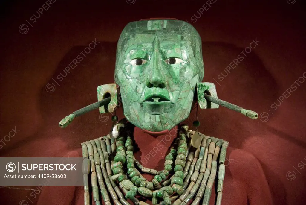 Mexico.Mexico city.National Museum of Antropology.Maya culture.Funerary Mask of jade and funerary offerings of Pakal King of Palenque in Chiapas.