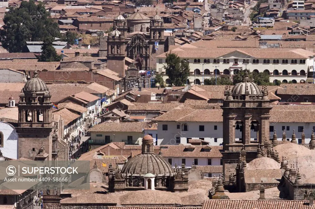 Peru. Cusco city. Overview of historical center. Church La Compañia and La Merced, The Catedral. World Heritage Site.