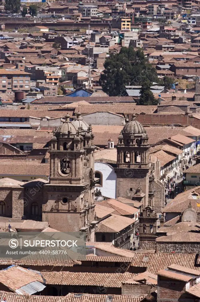 Peru. Cusco city. Overview of historical center. Church La Compañia . World Heritage Site.