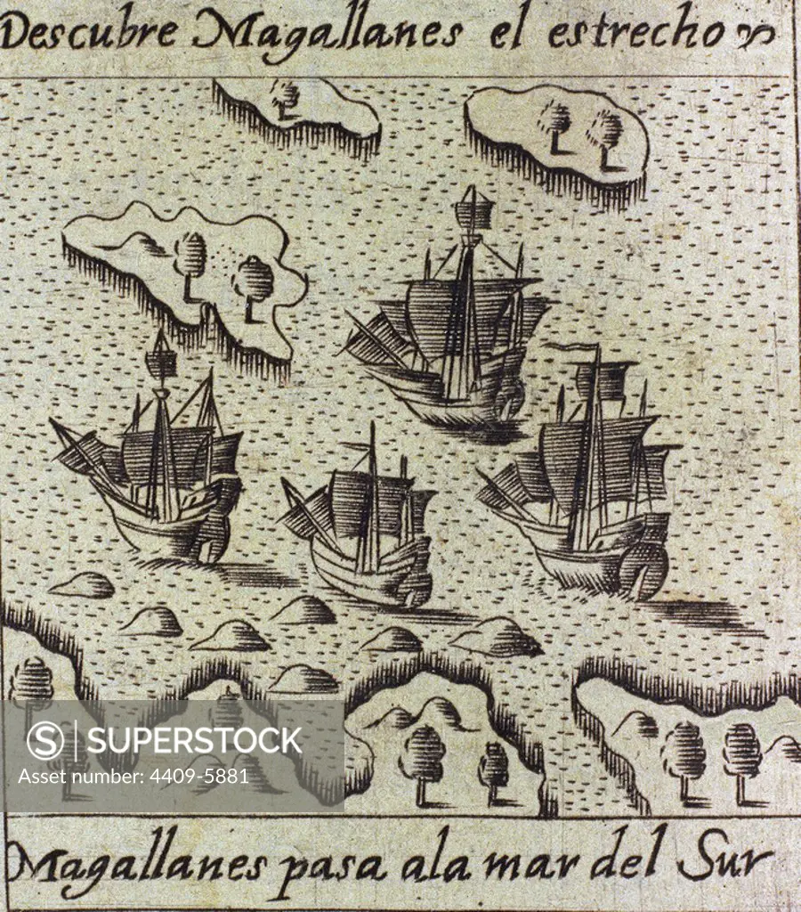 General History of the actions of the Spanish in the New World - Magallanes enters the South Sea. Hª Gral de los hechos Castellanos en el Nuevo Mundo - Magallanes pasa al Mar del Sur. Madrid, National Library. Author: HERRERA Y TORDESILLAS ANTONIO. Location: BIBLIOTECA NACIONAL-COLECCION. MADRID. SPAIN.