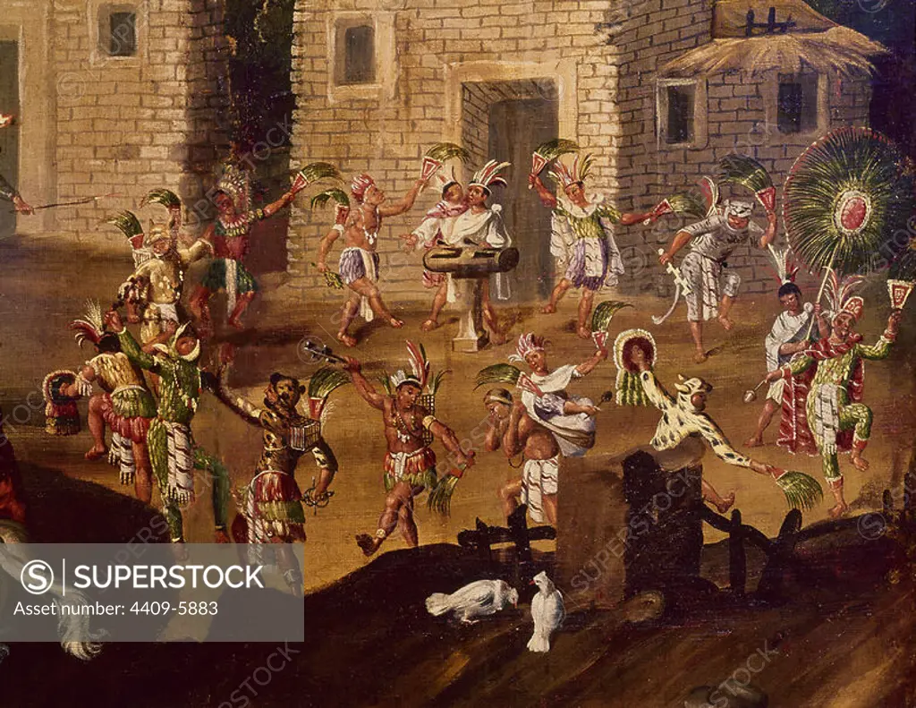 The Flying Mast. Native people dancing. El Palo Volador. Mexican folding screen. 17th century. Set n°3483. Museum of America, Madrid, Spain. Location: MUSEO DE AMERICA-COLECCION. MADRID. SPAIN.