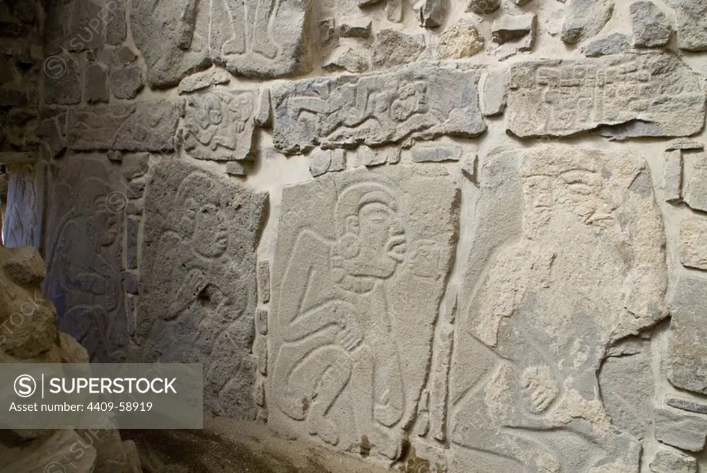 Archeological site of Monte Alban(500BC-AD900-1000).´Danzantes´.UNESCO World Heritage Site. Oaxaca, Mexico..