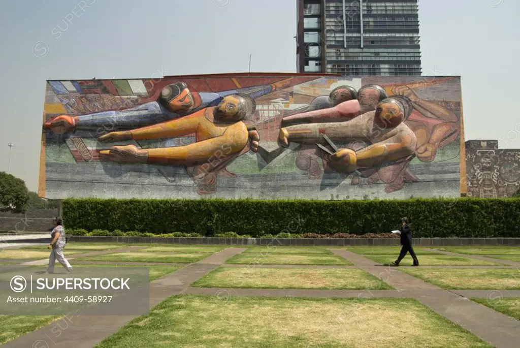Mexico. Mexico city.University city.Tower of Rectory with mural of David Alfaro Siqueiros..