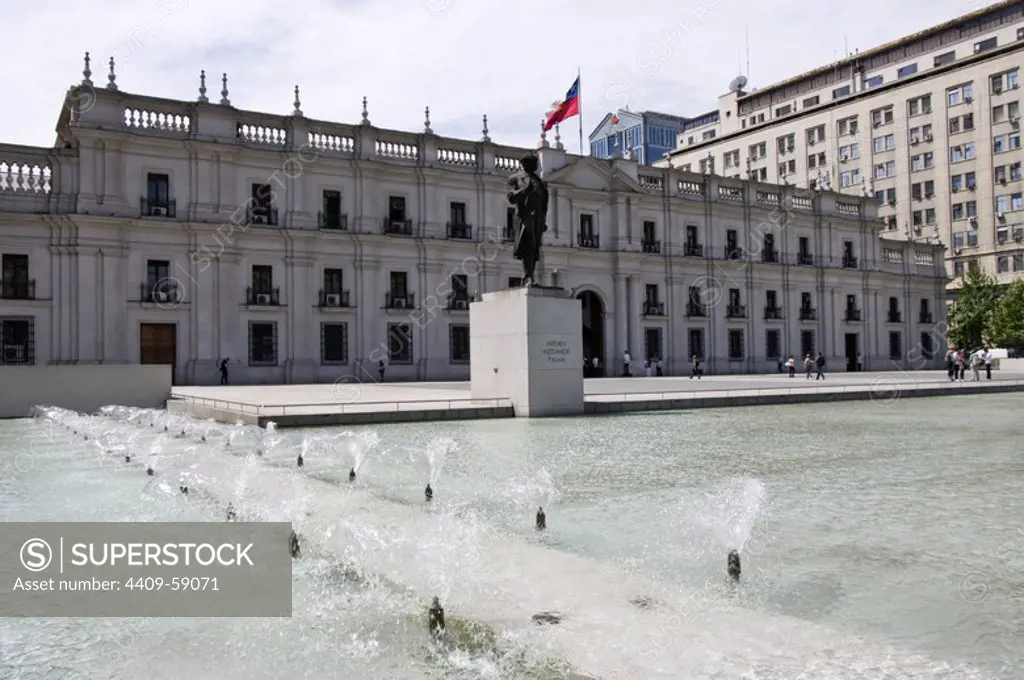 Santiago de Chile city. Constitution Square and the Palace of the Moneda(1784-1805). House of Chilean Government..