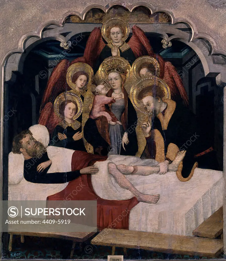 'San Hipólito repone la pierna al boyero Pedro', 1419-1421, Oil on panel, 69 cm x 62 cm, P02677. Author: BORRASA LUIS DISCIPULO DE. Location: MUSEO DEL PRADO-PINTURA. MADRID. SPAIN. CHILD JESUS. VIRGIN MARY. SAN COSME.