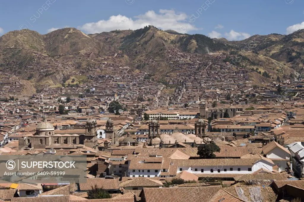 Peru. Cusco city. Overview of historical center. Church La Compañia and La Merced. World Heritage Site.