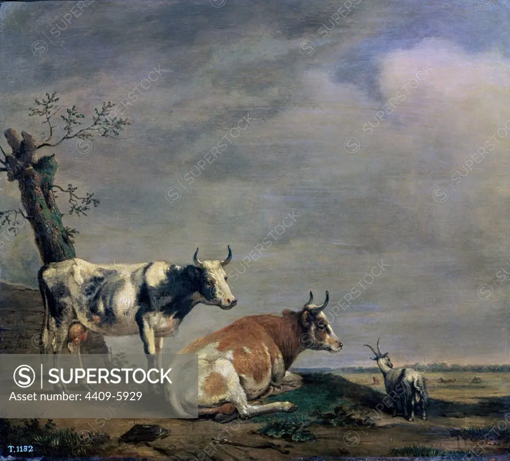 'Landscape with Two Cows and a Goat', 1652, Dutch Baroque, Oil on panel, 30 cm x 35 cm, P02131. Author: PAULUS POTTER. Location: MUSEO DEL PRADO-PINTURA. MADRID. SPAIN.