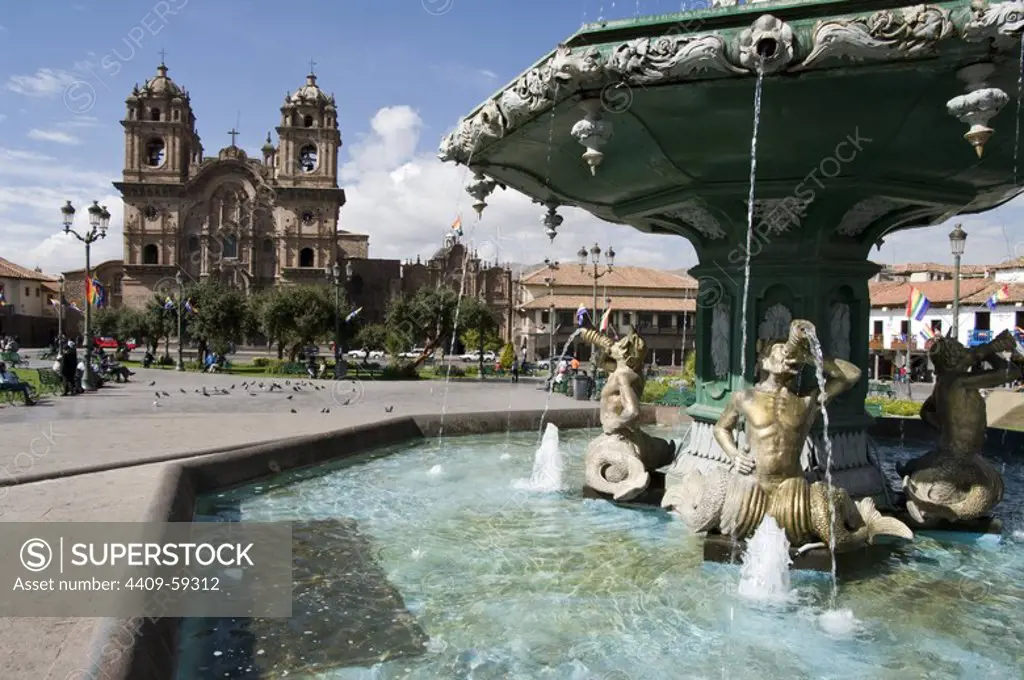 Peru. Cusco city. Plaza de Armas and the Church of La Compañia..
