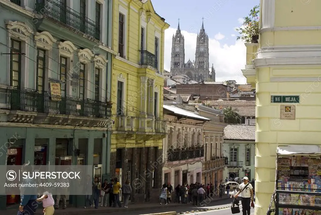 Ecuador.Quito.Historical center.Street of Guayaquil and La Basilica del Voto Nacional (XIX_XX century) in the background..