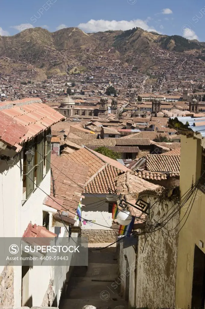 Peru. Cusco city. Overview of historical center. World Heritage Site.