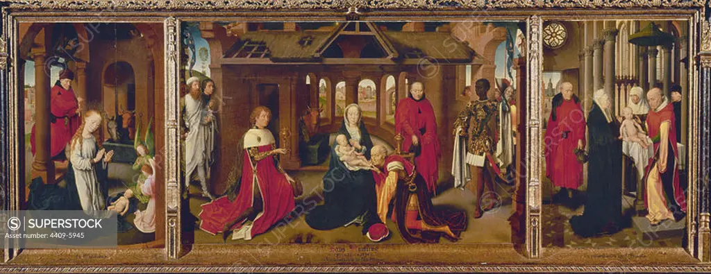 The Adoration of the Magi. La Adoración de los Magos. 1479. Triptych. Oil on canvas (95x63). Flemish painting. Author: HANS MEMLING (1435-1494). Location: MUSEO DEL PRADO-PINTURA. MADRID. SPAIN. CHILD JESUS. VIRGIN MARY. SAN JOSE ESPOSO DE LA VIRGEN MARIA.
