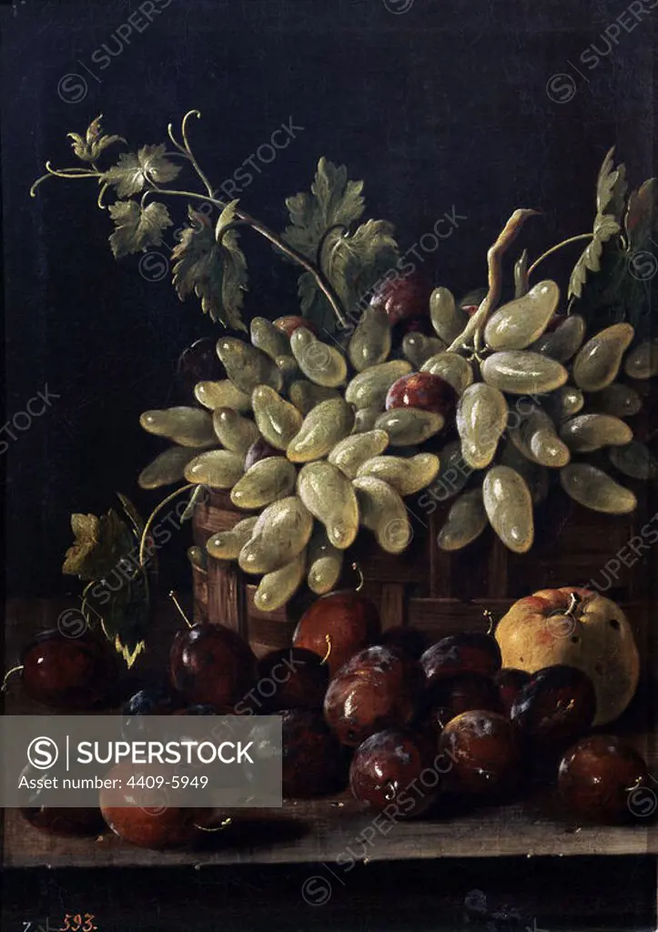 'Bodegón con ciruelas, cesta de uvas y manzana', 1762, Oil on canvas, 48 x 34,5 cm, P00935. Author: LUIS MELENDEZ. Location: MUSEO DEL PRADO-PINTURA. MADRID. SPAIN.
