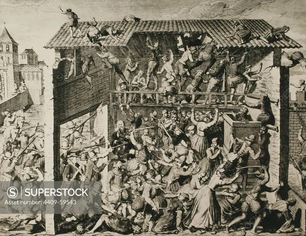 France. Massacre of Vassy. Murder of Huguenot worshipers and citizens in an armed action by troops of Francis, Duke of Guise, in Wassy, France on 1 March 1562. Starting of French Wars of Religion. Engraving.