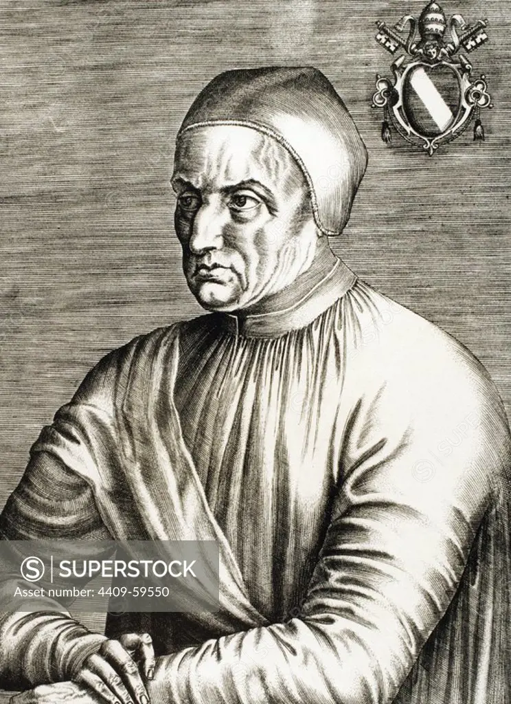 Pope Eugene IV (1383-1447). Born Gabriele Condulmer, was pope from 1431-1447. Portrait. Engraving.