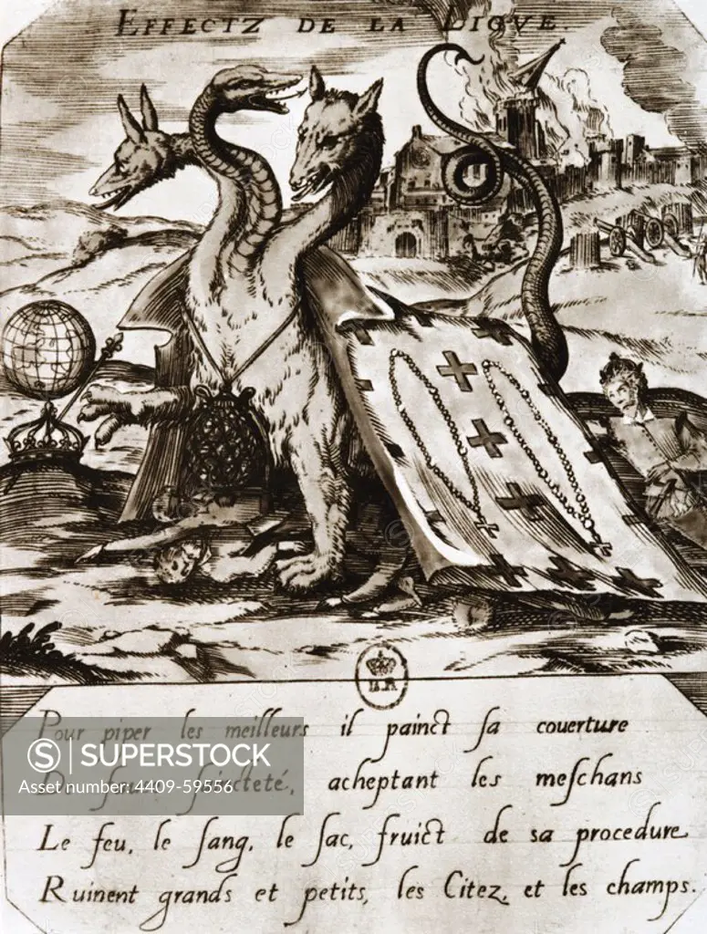 French Wars of Religion between French Catholics and Protestant (Huguenots). March 1562-April 1598. Propaganda print depicting Huguenot against the Catholic league,1594.