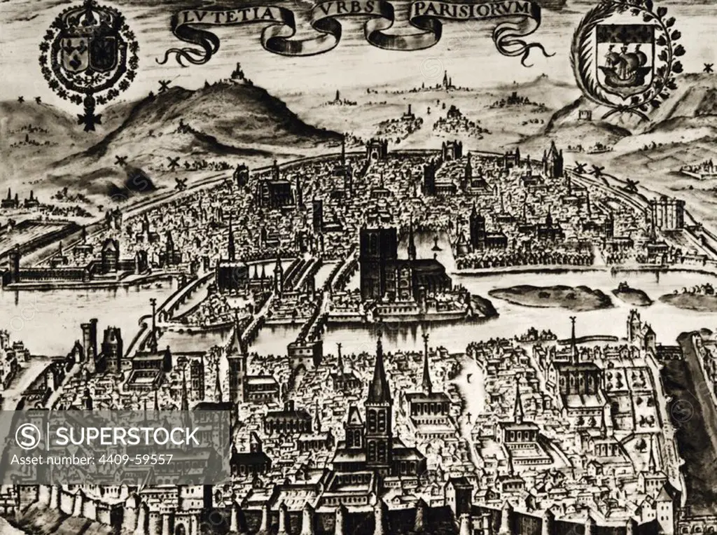 France. Paris. Overview of the city. Late 16th century.