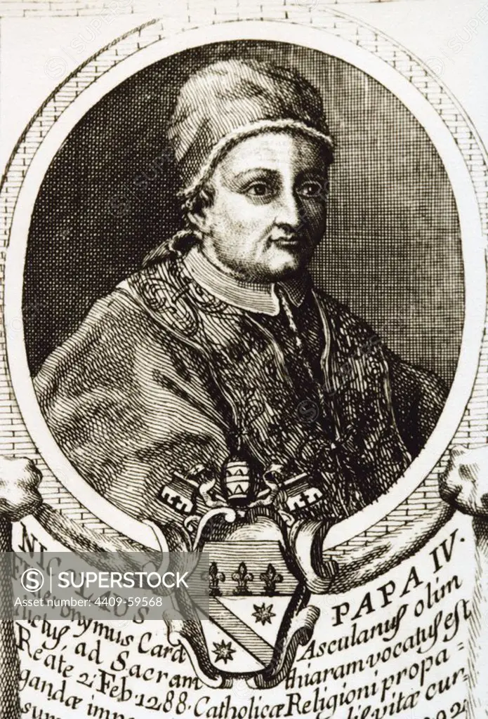 Pope Nicholas IV (1227-1227). Born Girolamo Masci. Pope from 1288-1292. Portrait. Engraving.