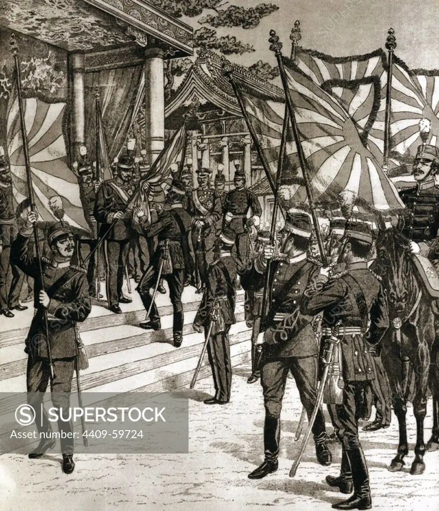 Russo-Japanese War (1904-1905). The Japonese emperor Meiji (1852-1912) delivering the flag to his troops. Engraving.