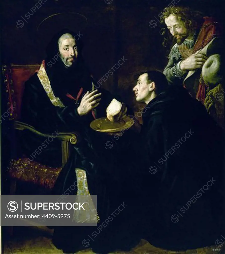 St. Benedict Blessing a Piece of Bread. 17th century. Spanish baroque. School of the Escorial Monastery. Madrid, Prado Museum. Author: RICCI FRAY JUAN ANDRES-RIZI FRAY. Location: MUSEO DEL PRADO-PINTURA, MADRID, SPAIN.