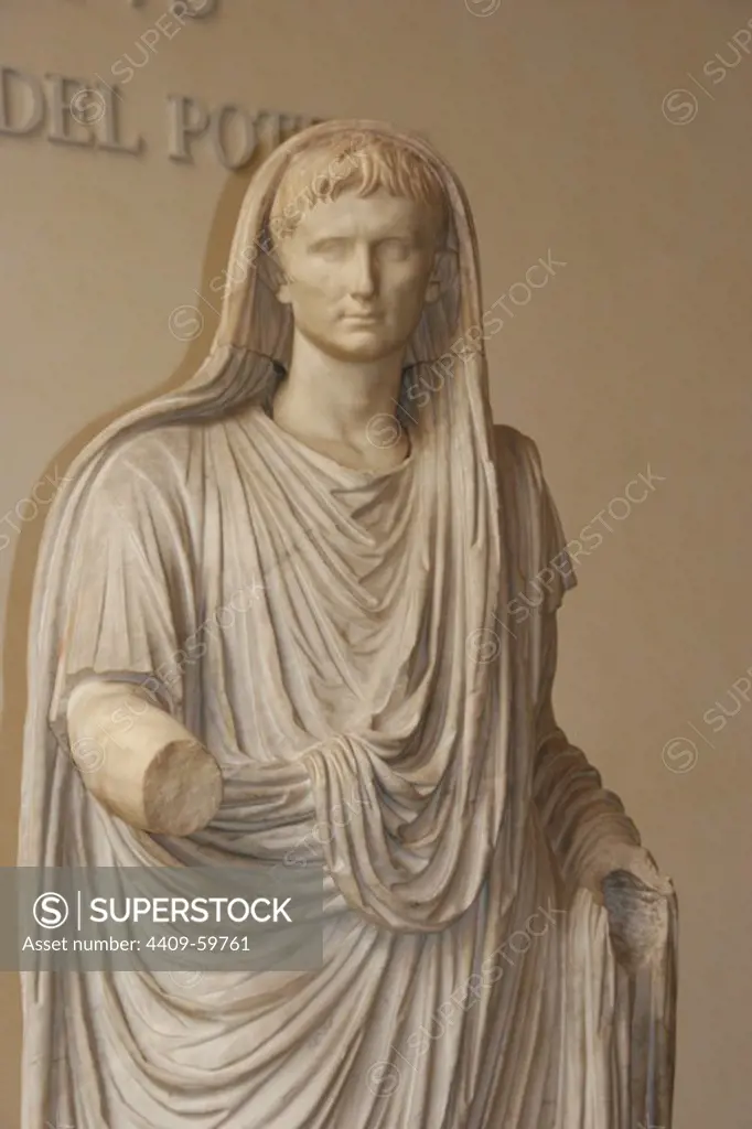 Augustus ( 63 BC Ð 14 AD). Was the founder of the Roman Empire and its first Emperor, ruling from 27 BC-14 AD. Statue Via Labicana Augustus. Augustus as Pontifex Maximus. 12 BC. Detail. National Museum of Rome. Italy.
