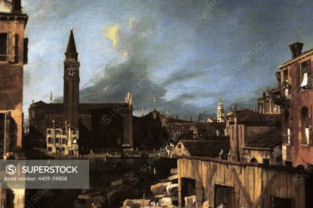 Giovanni Antonio Canal (1697Ð1768) known as Canaletto. Venetian painter. The StonemasonÕs Yard (1726-1730). Known as Campo San Vidal and Santa Maria della Carita. Oil painting. National Gallery. Londres. England. UK.