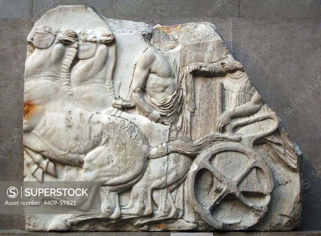 Greek Art. Greece. Parthenon (447-438 b.C). Fragment of the North frieze XXIV depicting a marshal behind a carriage. British Museum. London. England. UK.