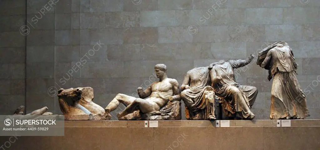 Parthenon. East Pediment. Helios's horses and Dionysos, Demeter and Kore, Artemis. Acropolis, Athens. 438-432 BC. Marble. British Museum. London. England. United Kingdom.