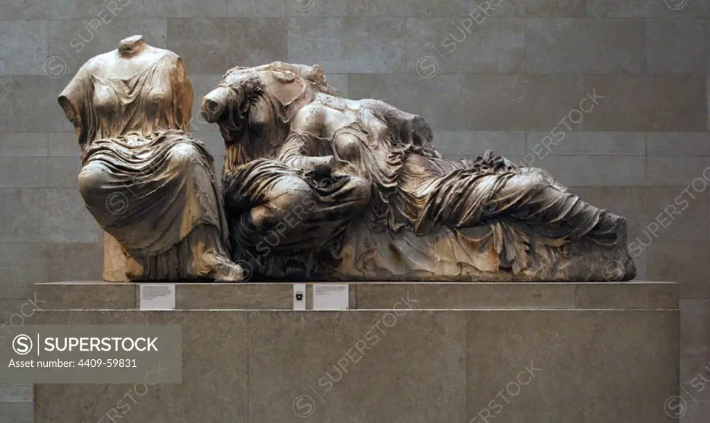 Three Goddesses. Hestia, Dione and Aphrodite. From the East Pediment of the Parthenon, Athens. High Classical Greek. 438-432 BC. British Museum. London. England. United Kingdom.