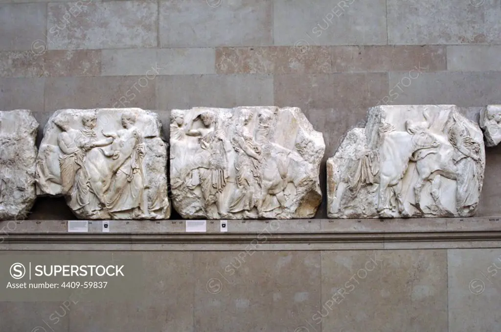 Parthenon. South frieze. 447-432BC. Greek Classical period. Scene sacrifice. British Museum. London. England. United Kingdom.