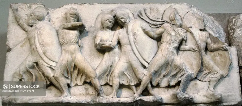 Nereid Monument. Sculptured tomb from Xanthos. Classical period Lycia. Turkey. Variety of soldiers (hoplits, archers) Upper podium frieze. 390-380 BC. British Museum. London. England. United Kingdom.