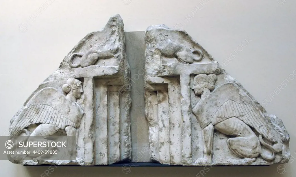 Early Classical. Late Archaic. Guardian Sphinxes. Limestone. 470BC-450BC. Lycian. Xanthos, building H. Turkey. British Museum. London. England. United Kingdom.
