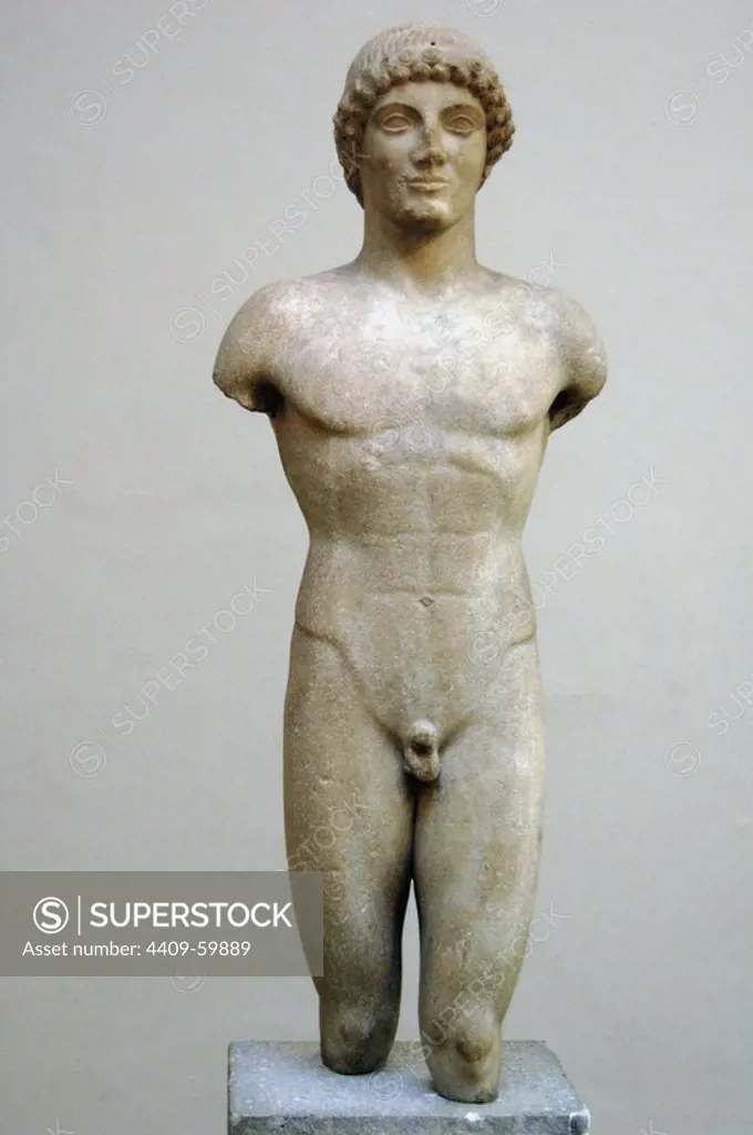Statue of a Kouros (idealised youth). The Strangford Apollo. Marble. 500-490 BC. From island of Anaphe. British Museum. London. England. United Kingdom.