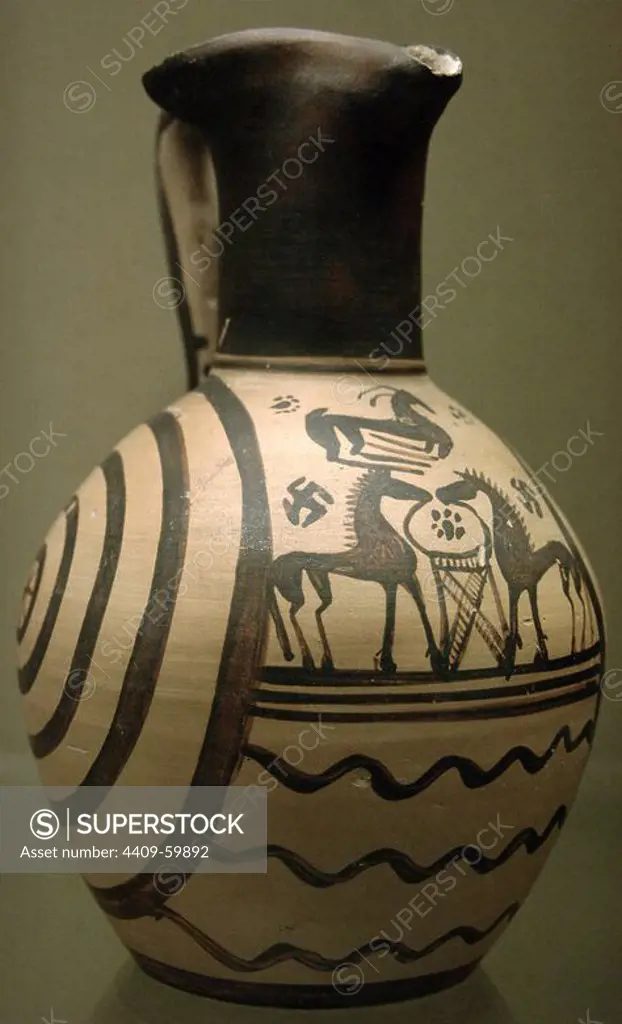 Greek art. Late Geometric period. Pottery oinochoe. Two horses. Atributed to; The Concentric Circle Group. 725 BC. British Museum. London. England. United Kingdom.
