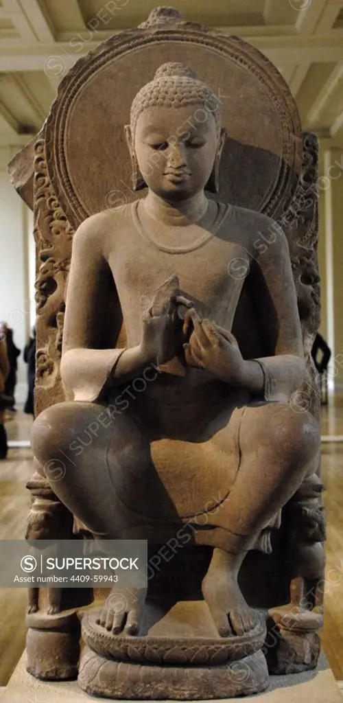 Sandstone figure of the seated Buddha. 5th century. Sarnath. Eastern India. British Museum. London. England. United Kingdom.