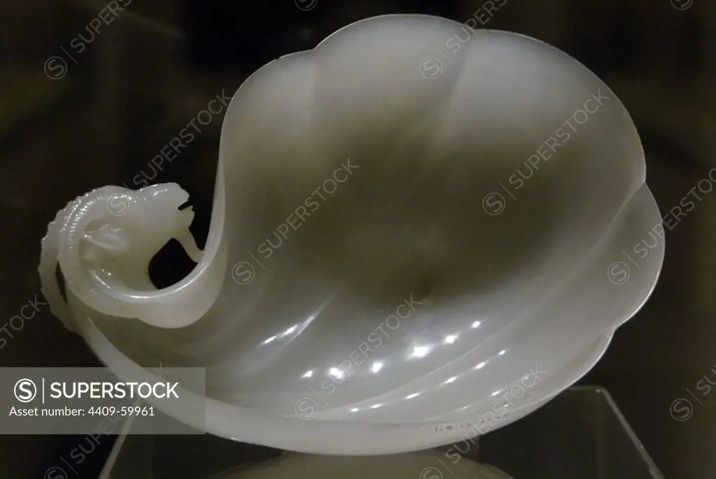 India. Wine cup for the Emperor Shan Jahan. 1657. White nephrite jade. South Asia. Court workshops which at this time would have been in Agra. Victoria and Albert Museum. London. England. United Kingdom.