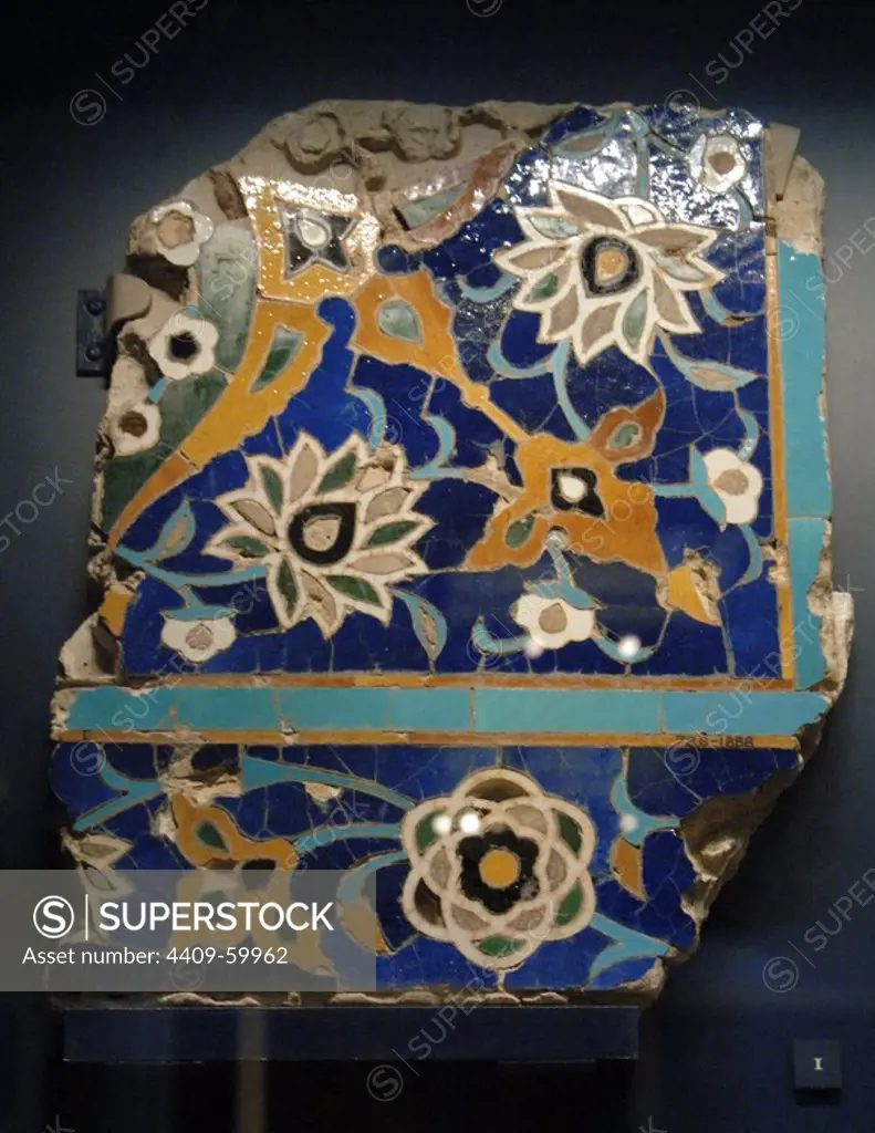 Islamic art. Iran. Glazed mosaic tile. 1450-1500. Floral design. Probably from Isfahan. Victoria and Albert museum. London. England. United Kingdom.