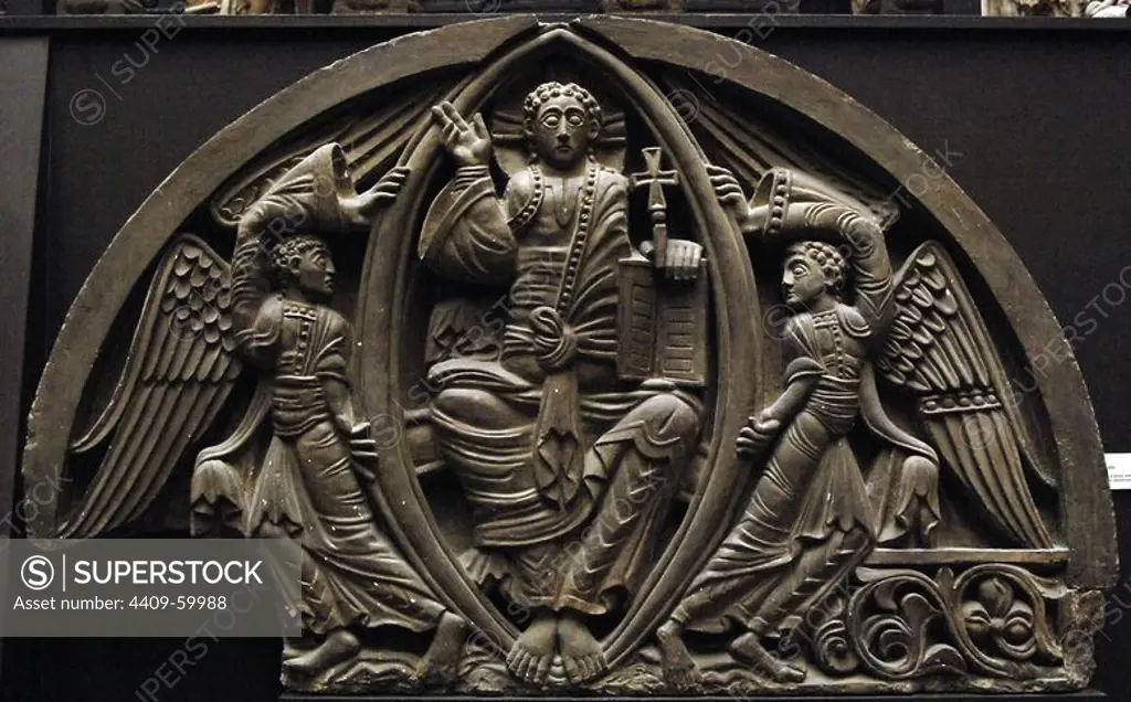 Tympanum. Plaster cast. The original, about 1140. From Cathedral of Ely. Victoria and Albert Museum. London. England. United Kingdom.