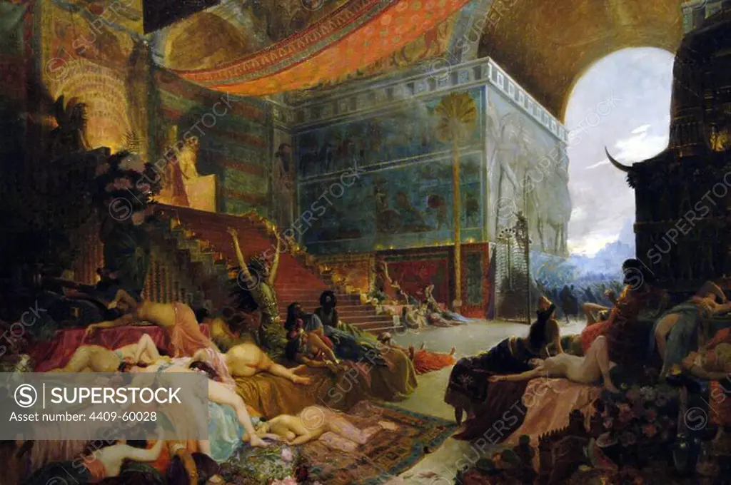 Georges Antoine Rochegrosse (1859-1938). French historical and decorative painer. The Fall of Babylon or The Death of Babylon, c. 1890. Orientalist style. The Persian king Cyrus the Great captures Babylon. Oil on canvas (0,92 x 120 cm). Louvre Museum. Paris, France.