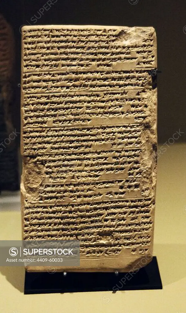 The "Esagila" tablet. Document copied from older texts in 229 BC, written in Uruk from an original of Borsippa. The tablet explains the history and engineering of the 7-floor high Etemenanki temple (the equivalent of the Tower of Babel in the Bible). Clay tablet. Cuneiform script. Louvre Museum. Paris, France.