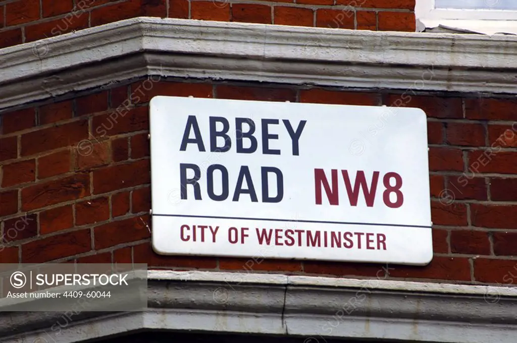 United Kingdom, England, London. Abbey Road street sign. City of Westminister. Famous for the Abbey Road Studios and for featuring on the cover of the Beatles album in 1969, called "Abbey Road".