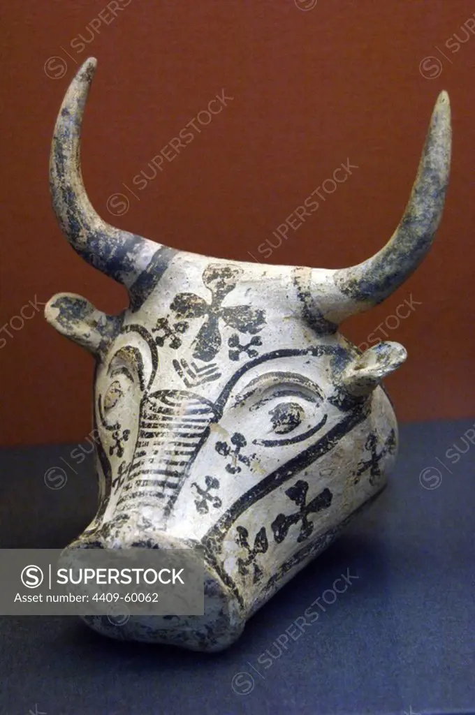 Pottery rhyton in form of a bull's head. Late Helladic III. 1425 BC-1300 BC. Karpathos Island, Greece. British Museum. London, England, United Kingdom.