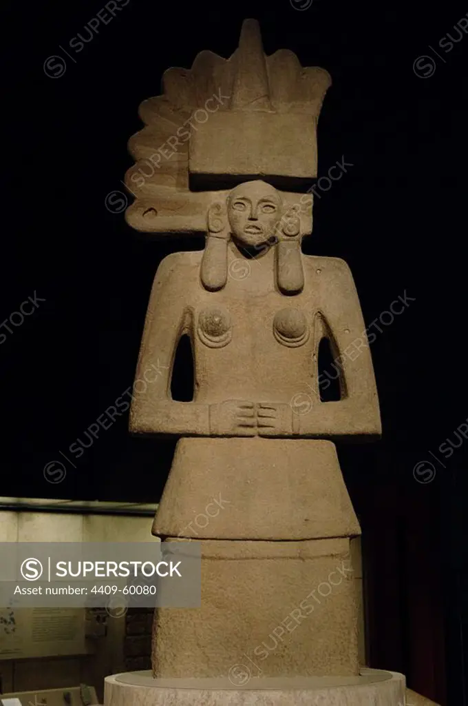 Pre-Columbian period. Huastec civilization (900-1450). Tlazolteotl sculpture (goddess of fertily). From the Panuco River region, Mexico. Sandstone. British Museum. London, England, United Kingdom.