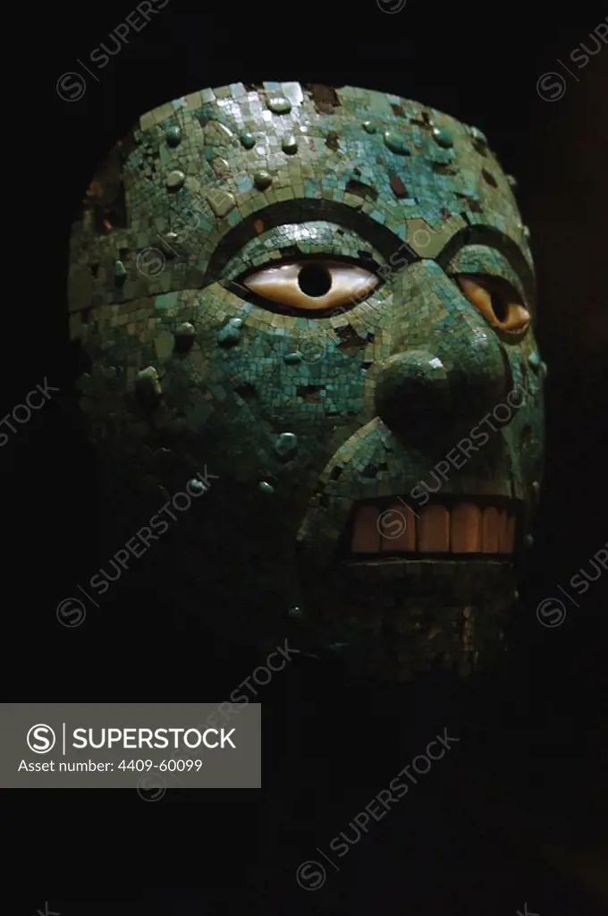 Pre-Columbian era. Mesoamerica. Mask. Human face, possible representing Xiuhtecuhtli, made of cedro wood and covered in turquoise mosaic. Miztec-Aztec, Mexico. 1400-1521 AD. British Museum. London, England, United of Kingdom.