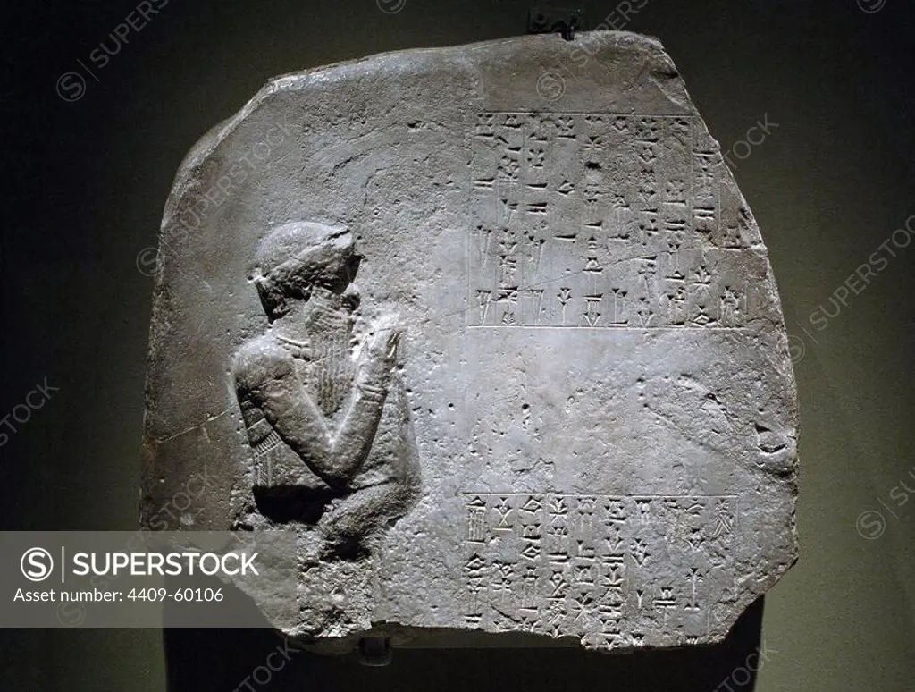 Votive offering. Fragment of a stone stele dedicated by Itur-Ashdum. First Dynasty of Babylon, c. 1760-1750 BC. Probably from Sippar, southern Iraq. Limestone. The cuneiform inscription states that a high official called Itur-Ashdum dedicated a statue to the goddess Ashratum in her temple, on behalf of King Hammurabi (reigned 1792-1750 BC). The figure carved may represent Hammurabi. British Museum. London, England, United Kingdom.
