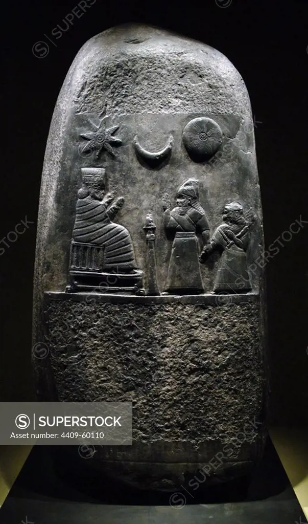 Kudurru (stele) of King Melishipak (1186-1172 BC). The king presents his daughter to the goddess Nannaya. The crescent moon represents the god Sin, the sun the Shamash and the star the goddess Ishtar. Kassite period. Taken to Susa (Iran) in 12th century BC by Elamite king Sutruk-Nahhunte as war booty. Limestone. Louvre Museum. Paris, France.