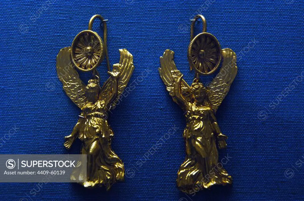 Earrings with shaped like a Nike. Gold. 4th -3rd century BC. From near Bolsena. British Museum. London. England. United Kingdom.
