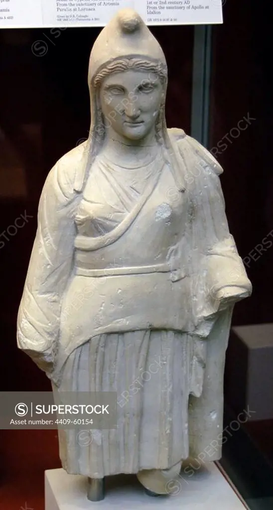 Statue of the goddess Artemis, perhaps Artemis Bendis wearing a Phrygian cap. Limestone. Made in Cyprus. 300-200 BC. From the Sanctuary of Apollo at Pyla. British Museum. London. England. United Kingdom.